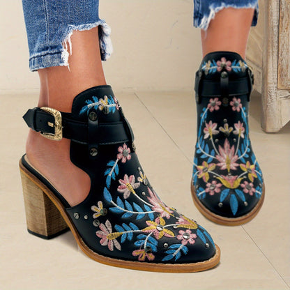 [New, Chunky Heel Boots] 2025 New Chunky Heel Ankle Boots | Women's Pointed Toe Floral Vintage Style with Comfortable Open Back Strap
