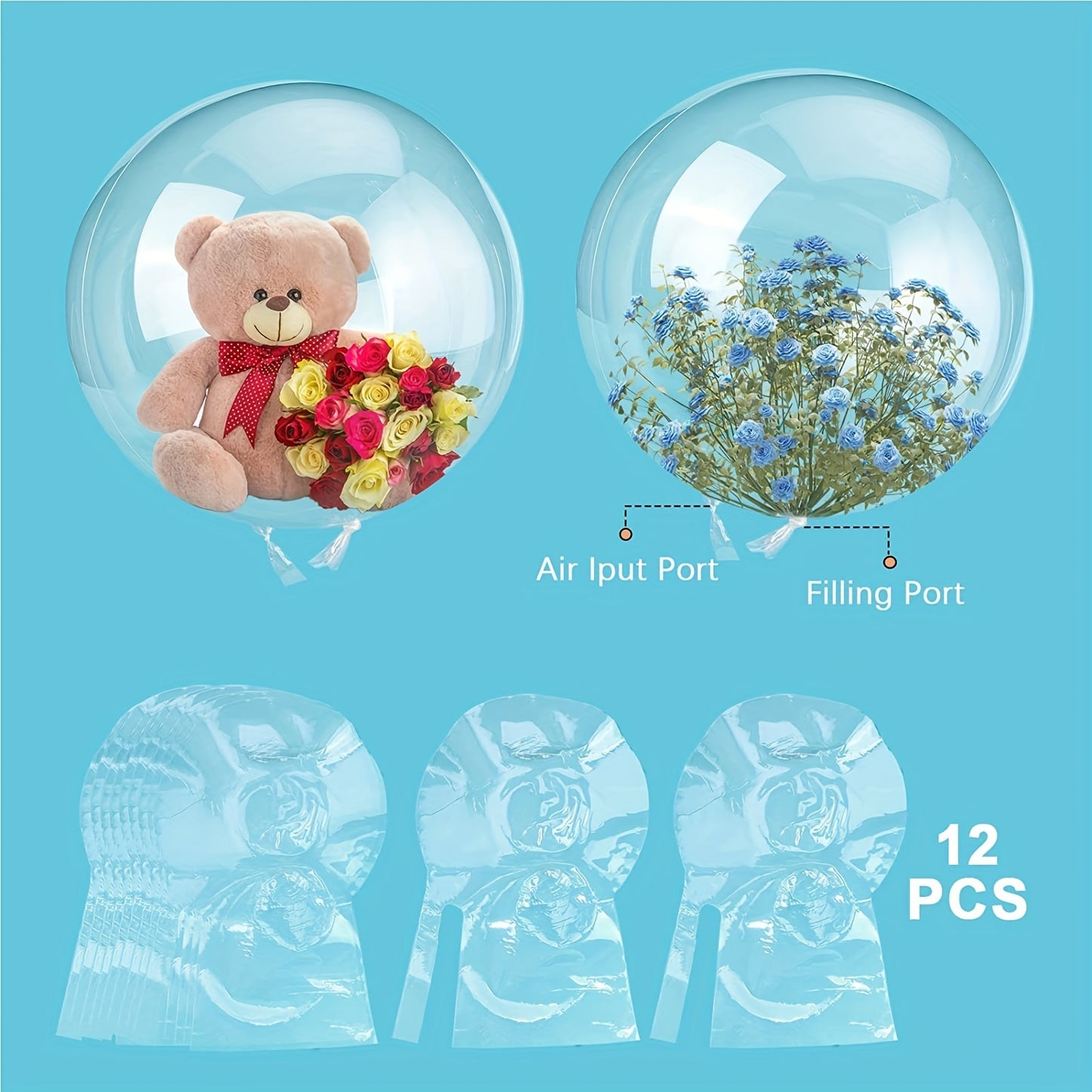 12pcs Transparent Double-port Stretched Version 30-inch Bobo Balls for Rose Snacks Romantic Birthday Party Scene Decoration Halloween, Thanksgiving, Christmas, and Easter Gift