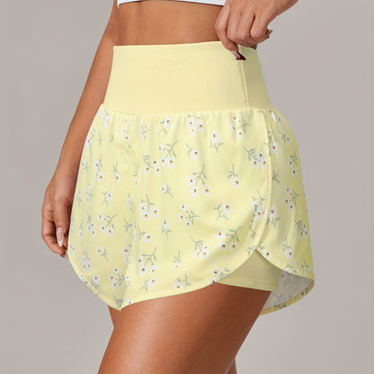 [Yoga Activewear] Women's Light Blue Yoga Shorts - Casual & Loose-Fit, High-Waisted with Ruffle Detail, Stretchy Polyester-Elastane Blend, Machine Washable, Perfect for Spring/Summer/Fall