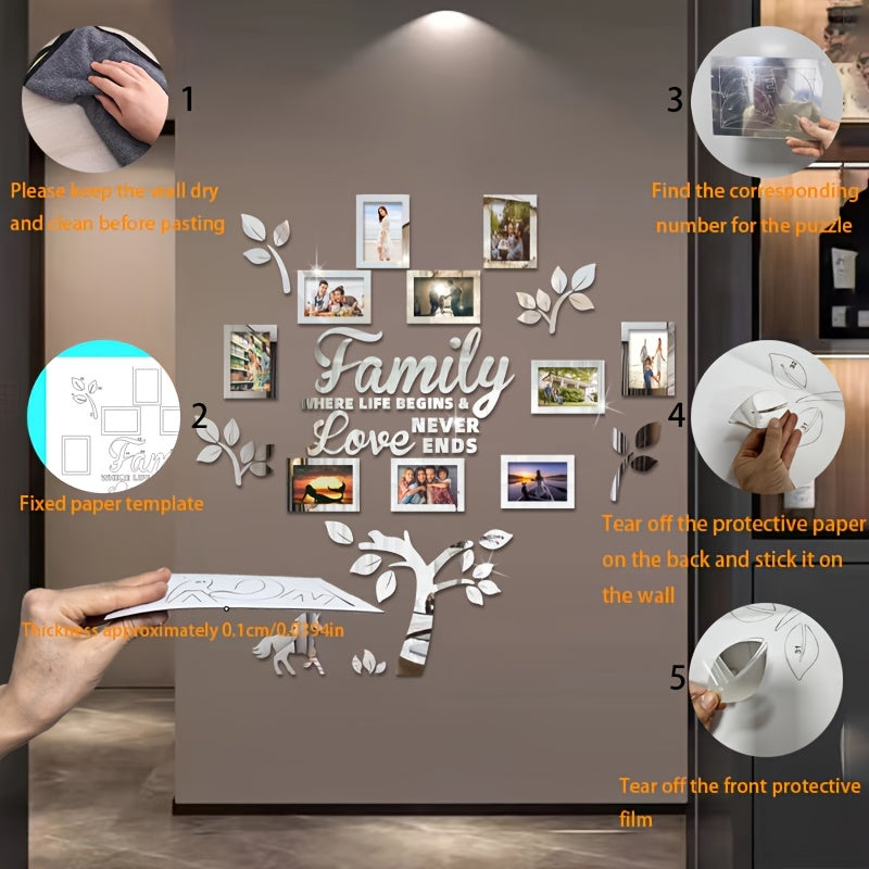 10-piece Photo Frame Combination Puzzle Photo Frame Tree Acrylic Mirror Wall Stickers, Place Your Favorite Photos To Decorate The Blank Wall To Create A Bright And Fashionable Visual Effect To Enhance The Beauty Of The Space!