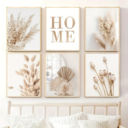 6pcs Unframed Beige Canvas Painting Set, Pampas Grass Painting Poster, Dried Grass Wall Art Painting, Reed Wall Paintings, Leaf Wall Art, Fan Blades Print Pictures, Herbarium Art Prints, Nordic Wall Posters, Home Decoration
