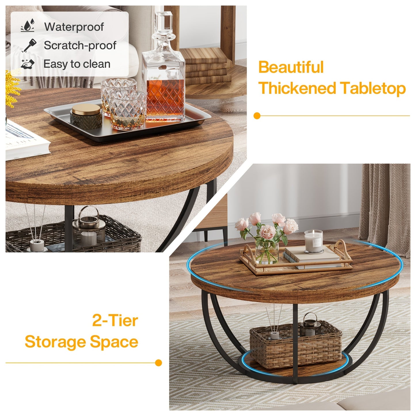 Stylish 31.7" Round 2-Tier Coffee Table with Storage Shelves - Rustic Brown Wooden Accent Center Table for Living Room & Home Office, Modern Industrial Design with Metal Base, Ideal for Halloween & Thanksgiving Decor, Coffee
