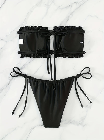 [Ruched Bra Top Bikini] Two Piece Ruched Bra Top Bikini Swimsuit - Double Drawstring Bandeau Tie Side High Cut - Women's Swimwear