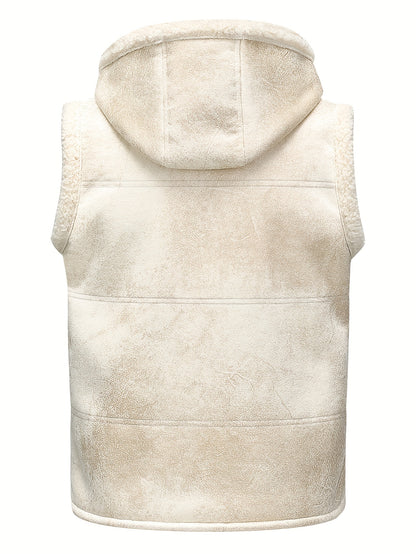 [Warm Hooded Vest] Warm & Windproof Men's Fleece-Lined Hooded Vest - Stylish Sleeveless Jacket with Zipper Pockets, Olive Green, Daily Comfort Vest | Hooded Jacket | Functional Pockets