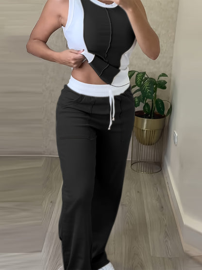 [Casual Color Block Pantsuit] Polyester Women's Casual Color Block Pantsuit with Drawstring Waist - Olive Green, White, and Gray, Spring/Summer Fashion, Casual Attire|Casual Style