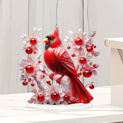 1pc Acrylic Cardinal Bird Statue with White Floral Accents, Art Deco Style Tabletop Decor, Animal Theme Desk Ornament, Ideal for Valentine'S Day, Christmas, Home, Office, Living Room, Bar - No Power Needed