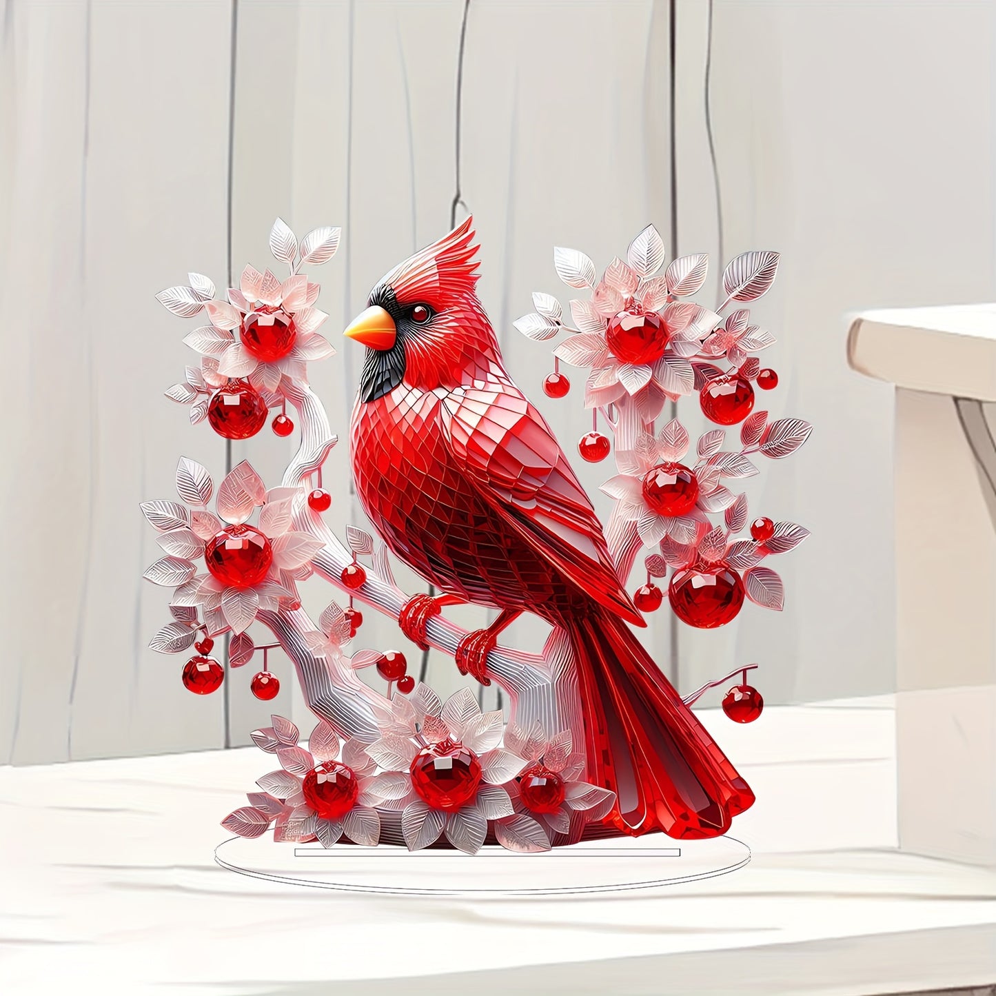 1pc Acrylic Cardinal Bird Statue with White Floral Accents, Art Deco Style Tabletop Decor, Animal Theme Desk Ornament, Ideal for Valentine'S Day, Christmas, Home, Office, Living Room, Bar - No Power Needed