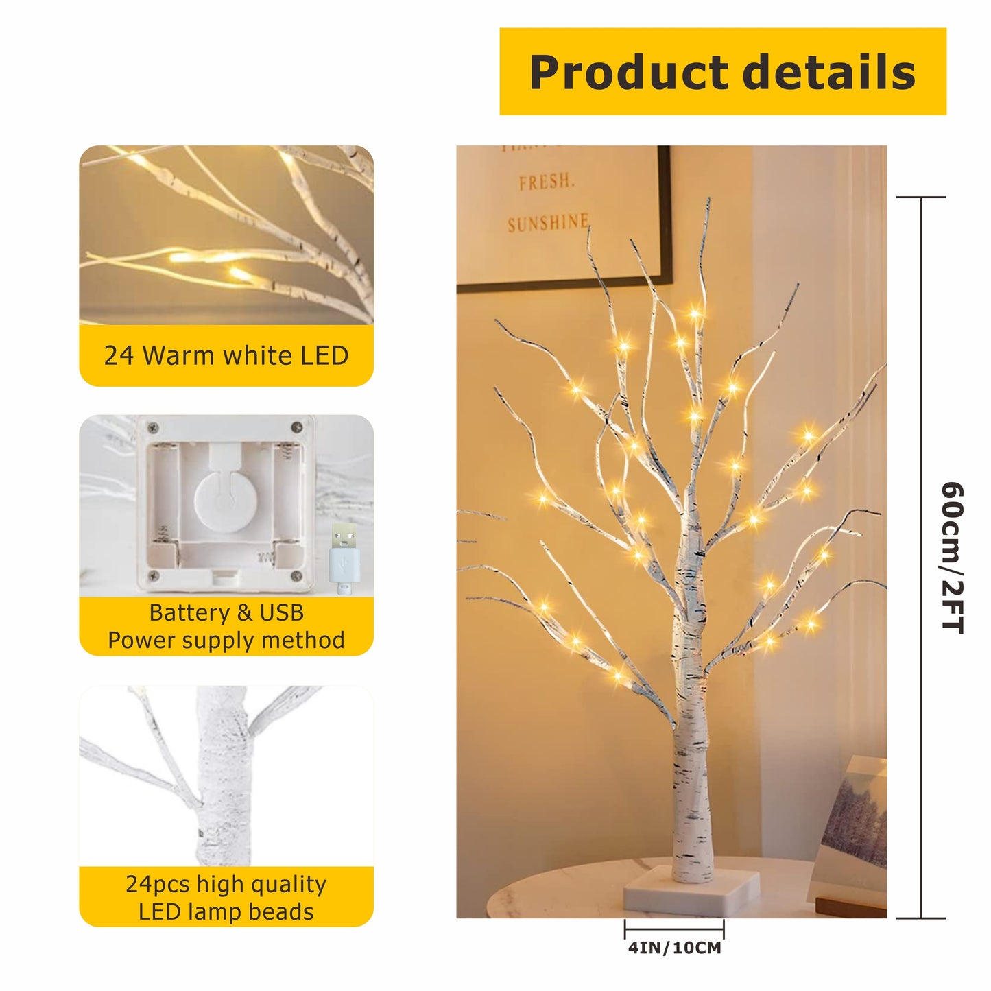 1pc 2ft Warm White Battery Operated White Birch Tree Lights for Home Decoration, Desktop Mini Artificial Tree Lights with Fireplace Holder for Christmas and Summer