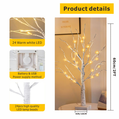 1pc 2ft Warm White Battery Operated White Birch Tree Lights for Home Decoration, Desktop Mini Artificial Tree Lights with Fireplace Holder for Christmas and Summer
