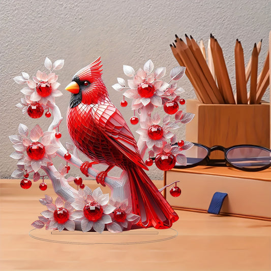 1pc Acrylic Cardinal Bird Statue with White Floral Accents, Art Deco Style Tabletop Decor, Animal Theme Desk Ornament, Ideal for Valentine'S Day, Christmas, Home, Office, Living Room, Bar - No Power Needed