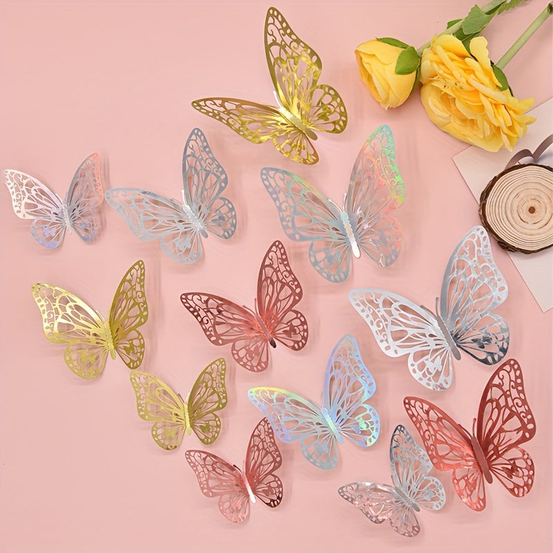 12pcs 3D Wall Sticker, Hollow Butterfly Self-Adhesive Wall Stickers, Bedroom Bathroom Living Room Porch Home Decoration Wall Stickers, Removable Stickers, Wall Decor Decals