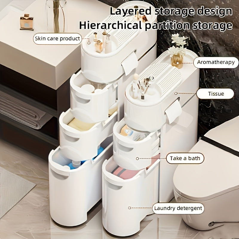 1pc 3/4/5 Layer White Plastic Pull-Out Cabinet, Multi-Functional Home Storage Organizer For Bathroom/Kitchen/Living Room Alone Shelf For Homeowners & Organizers With Wheels