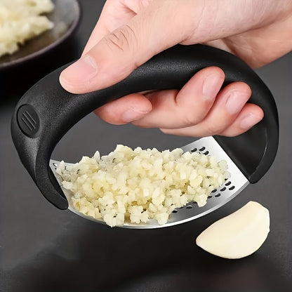 Stainless Steel Manual Garlic Press with Ergonomic Black Handle - Multi-Functional Kitchen Tool for Crushing Garlic, No Electricity Needed, Durable & Easy to Clean, Garlic Crusher