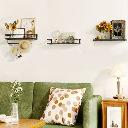 Superlele 6pcs Floating Shelves, Christmas And Home Storage, Wall Mounted Floating Shelves With Metal Frame, Rustic Shelves Over Toilet With Towel Bar For Kitchen, Bedroom, Black