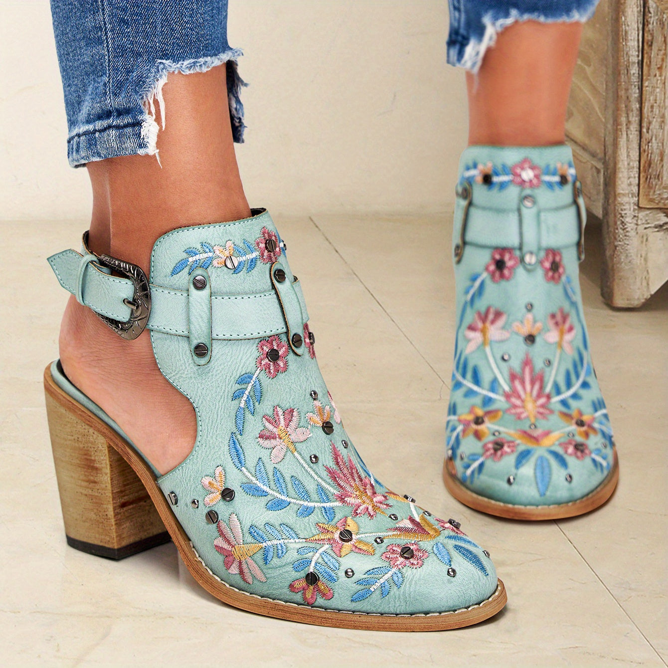 [New, Chunky Heel Boots] 2025 New Chunky Heel Ankle Boots | Women's Pointed Toe Floral Vintage Style with Comfortable Open Back Strap