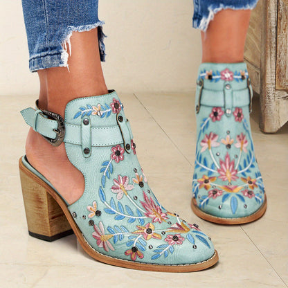[New, Chunky Heel Boots] 2025 New Chunky Heel Ankle Boots | Women's Pointed Toe Floral Vintage Style with Comfortable Open Back Strap