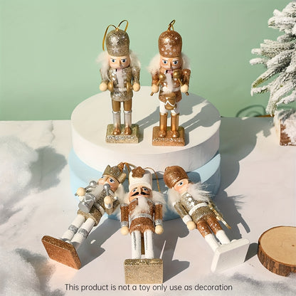 5 pièces/ensemble Casse-noisette en bois fait à la main Marionnette Soldat Pendentif Poudre scintillante Décoration d’ornement