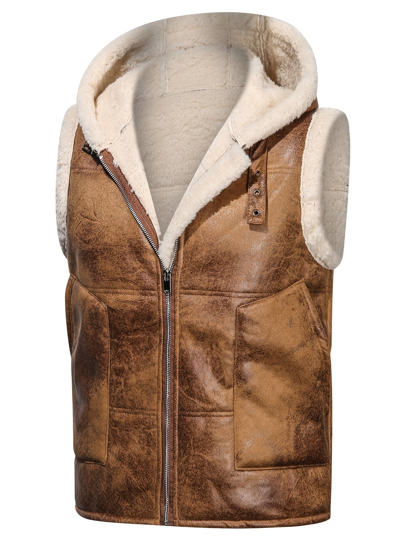 [Warm Hooded Vest] Warm & Windproof Men's Fleece-Lined Hooded Vest - Stylish Sleeveless Jacket with Zipper Pockets, Olive Green, Daily Comfort Vest | Hooded Jacket | Functional Pockets