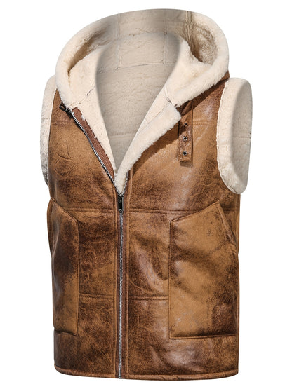 [Warm Hooded Vest] Warm & Windproof Men's Fleece-Lined Hooded Vest - Stylish Sleeveless Jacket with Zipper Pockets, Olive Green, Daily Comfort Vest | Hooded Jacket | Functional Pockets