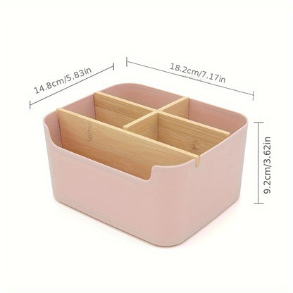 1pc 5 Compartments Bamboo Desk Organizer, Office Organizer with Pen Holder, Bathroom Make Up Storage Box, Living Room Sundries Holder, Bedroom Earing Hair Ring Jewelry Storage Box, Desk & Drawer Organizer for Home Storage