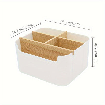 1pc 5 Compartments Bamboo Desk Organizer, Office Organizer with Pen Holder, Bathroom Make Up Storage Box, Living Room Sundries Holder, Bedroom Earing Hair Ring Jewelry Storage Box, Desk & Drawer Organizer for Home Storage