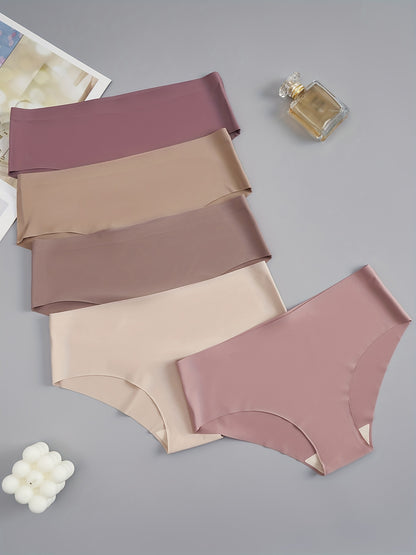 [Soft Briefs] 5pcs Soft & Comfortable Women's Briefs | Seamless, Low-Rise, Stretch Fit, Non-See-Through, Nylon Blend Underwear in Assorted Shades of Brown and Purple, Minimalist Style, Stretchy