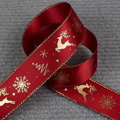 1pc 5 Yards 25mm Bronzing Christmas Ribbon Printed Polyester Ribbon For Christmas Decoration Gift Wrapping DIY Sewing Fabric