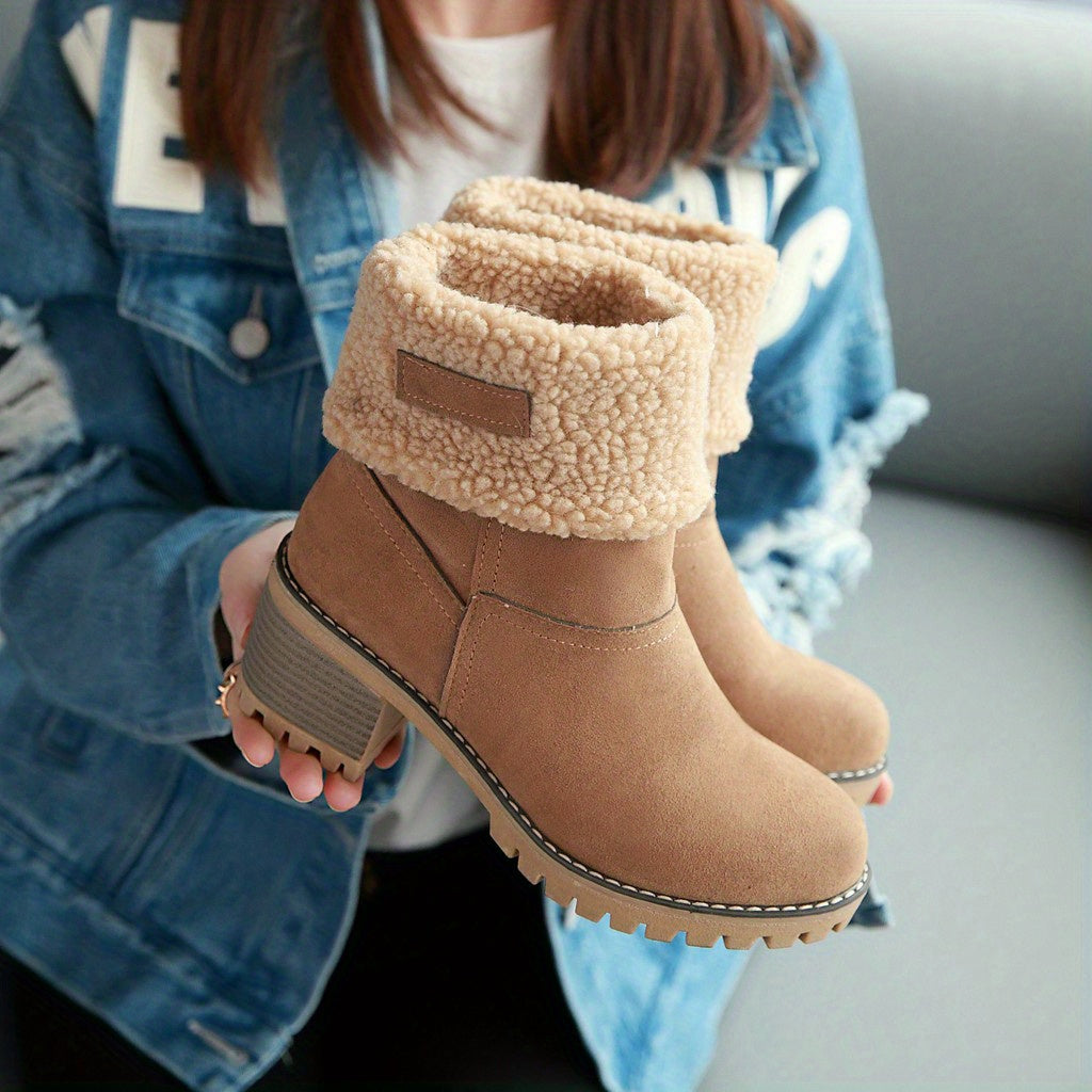 [Faux Fur Lined Boots] Warm Faux Fur Lined Women's Boots - Slip On Block Heeled Ankle Boots - Women's Footwear