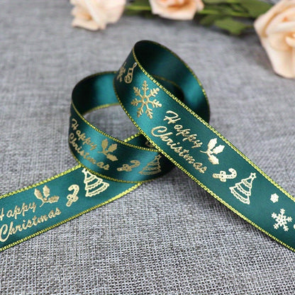 1pc 5 Yards 25mm Bronzing Christmas Ribbon Printed Polyester Ribbon For Christmas Decoration Gift Wrapping DIY Sewing Fabric