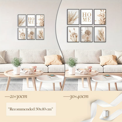 6pcs Unframed Beige Canvas Painting Set, Pampas Grass Painting Poster, Dried Grass Wall Art Painting, Reed Wall Paintings, Leaf Wall Art, Fan Blades Print Pictures, Herbarium Art Prints, Nordic Wall Posters, Home Decoration
