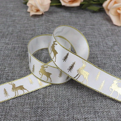 1pc 5 Yards 25mm Bronzing Christmas Ribbon Printed Polyester Ribbon For Christmas Decoration Gift Wrapping DIY Sewing Fabric