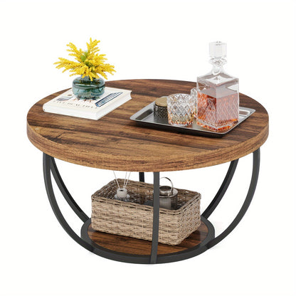 Stylish 31.7" Round 2-Tier Coffee Table with Storage Shelves - Rustic Brown Wooden Accent Center Table for Living Room & Home Office, Modern Industrial Design with Metal Base, Ideal for Halloween & Thanksgiving Decor, Coffee