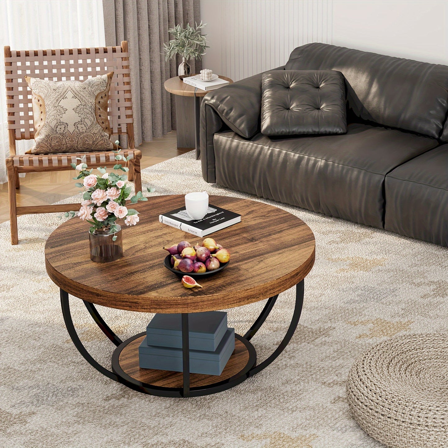 Stylish 31.7" Round 2-Tier Coffee Table with Storage Shelves - Rustic Brown Wooden Accent Center Table for Living Room & Home Office, Modern Industrial Design with Metal Base, Ideal for Halloween & Thanksgiving Decor, Coffee