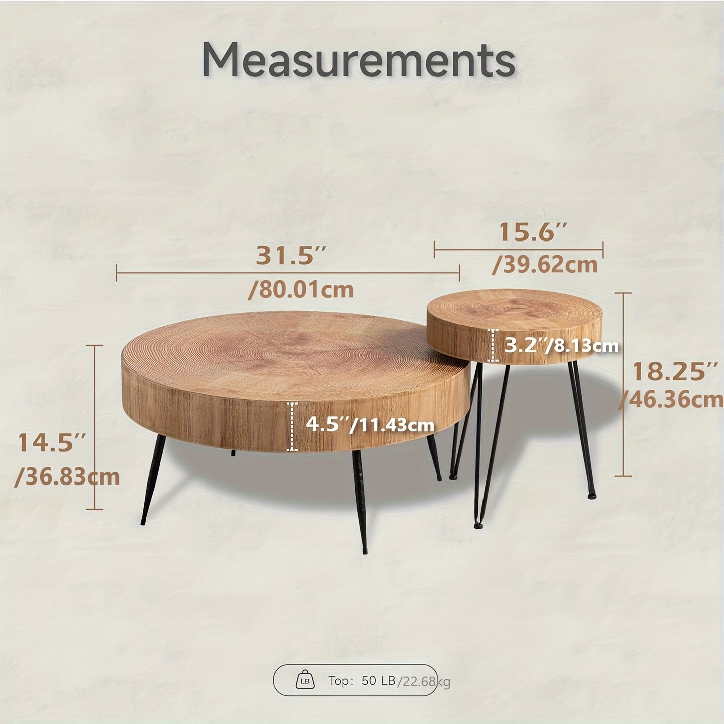[Modern Farmhouse Nesting Table] Modern Farmhouse Nesting Table Round Natural Finish with Handcrafted Ring Motif, Light Red + Wood Color Furniture for Home, Storage Shelves, Nightstand, Living Room Coffee Table Set