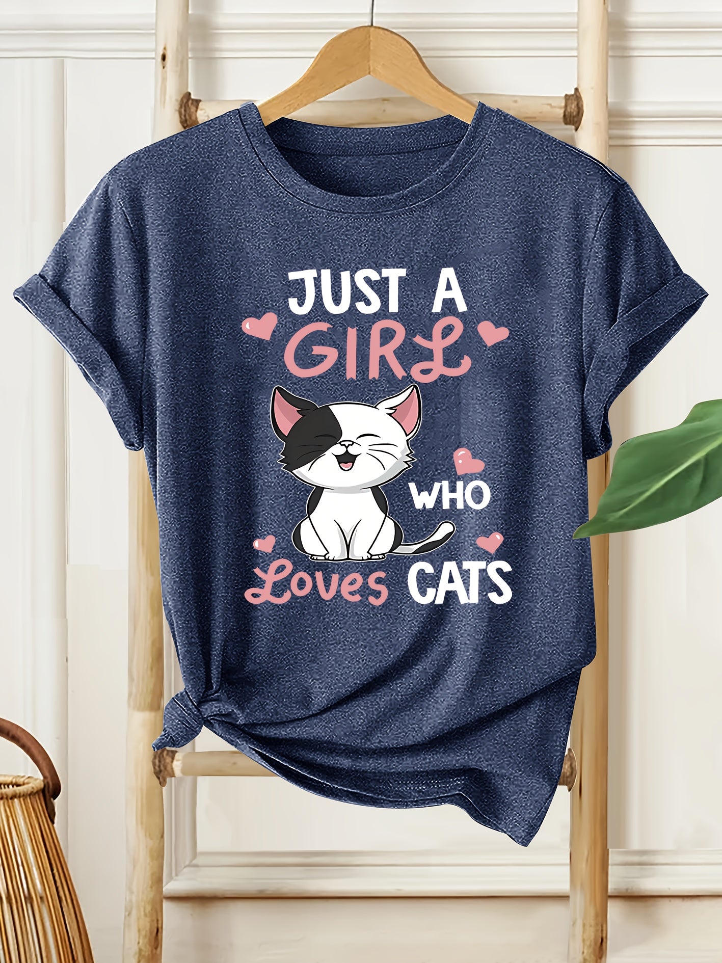 [Cute Cat Tee] Soft Casual Women's Cat Lover Graphic Tee | Cute Cartoon Kitten with Hearts & "Just a Who Loves Cats" Text, Machine Washable All-Season Shirt, Nontransparent Material