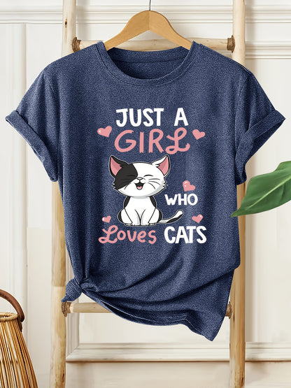 [Cute Cat Tee] Soft Casual Women's Cat Lover Graphic Tee | Cute Cartoon Kitten with Hearts & "Just a Who Loves Cats" Text, Machine Washable All-Season Shirt, Nontransparent Material