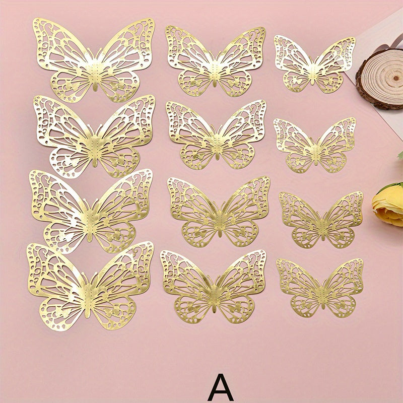 12pcs 3D Wall Sticker, Hollow Butterfly Self-Adhesive Wall Stickers, Bedroom Bathroom Living Room Porch Home Decoration Wall Stickers, Removable Stickers, Wall Decor Decals