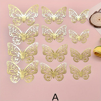 12pcs 3D Wall Sticker, Hollow Butterfly Self-Adhesive Wall Stickers, Bedroom Bathroom Living Room Porch Home Decoration Wall Stickers, Removable Stickers, Wall Decor Decals