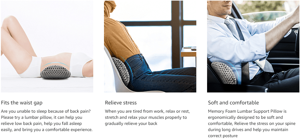Supreme Memory Foam Lumbar Pillow - Scientific Contour for Instant Pain Relief - Premium Support for Car, Office, Recliner & Bed - Ergonomic Streamline Design for Ultimate Comfort