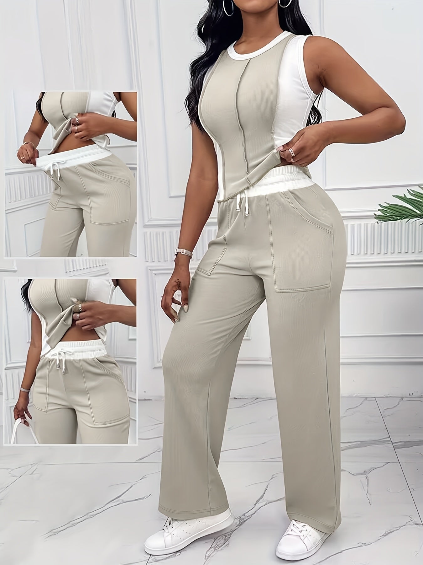 [Casual Color Block Pantsuit] Polyester Women's Casual Color Block Pantsuit with Drawstring Waist - Olive Green, White, and Gray, Spring/Summer Fashion, Casual Attire|Casual Style