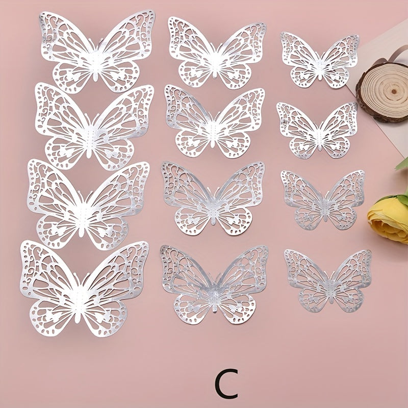 12pcs 3D Wall Sticker, Hollow Butterfly Self-Adhesive Wall Stickers, Bedroom Bathroom Living Room Porch Home Decoration Wall Stickers, Removable Stickers, Wall Decor Decals
