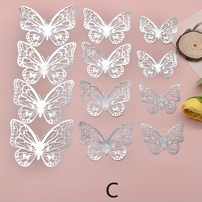 12pcs 3D Wall Sticker, Hollow Butterfly Self-Adhesive Wall Stickers, Bedroom Bathroom Living Room Porch Home Decoration Wall Stickers, Removable Stickers, Wall Decor Decals