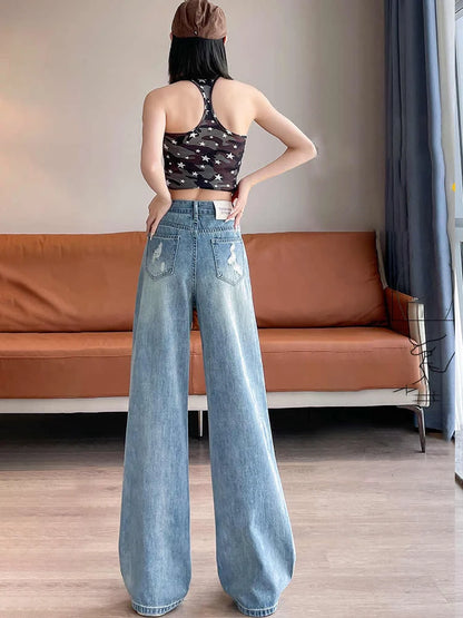 Jeans à trou déchiré pour femmes de style américain, taille haute, décontracté, ample, pantalon en jean à jambes larges, pantalon droit, vêtements de rue pour femmes