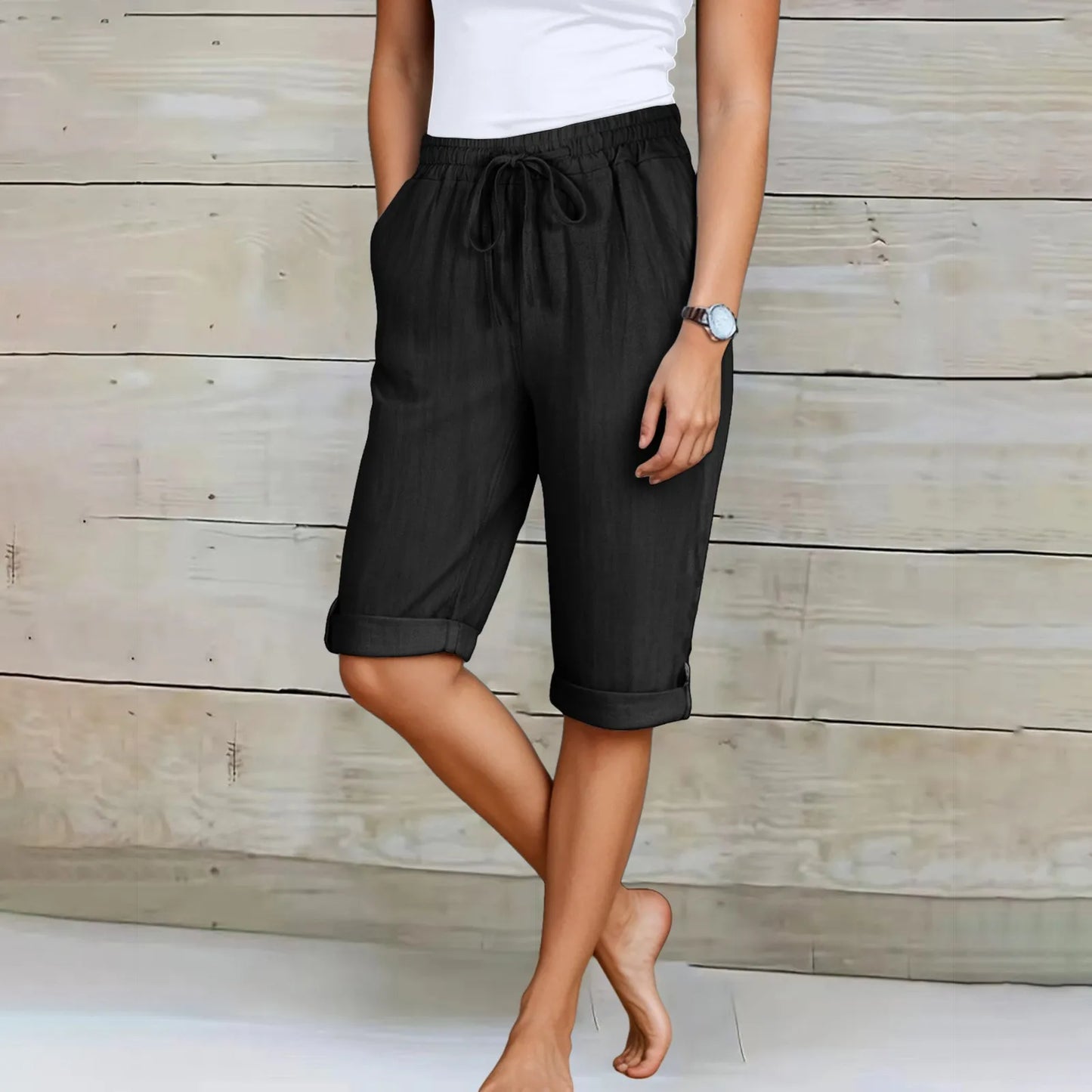 Short d'été décontracté pour femme, longueur genou, coupe droite, taille élastique, cordon de serrage, lacets, pantalon court, longueur genou