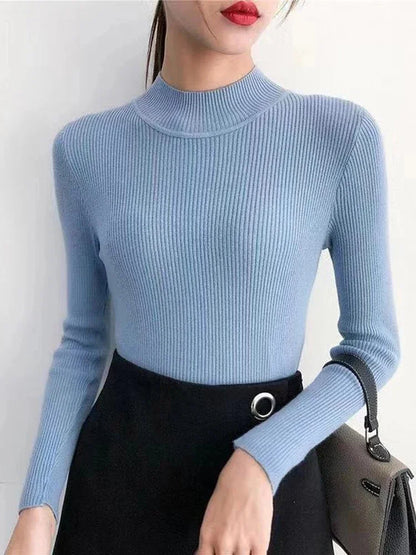 Automne Hiver Mock Neck Women Sweater Vintage Basic Slim Pullover Pulls coréens Pulls simples et chics