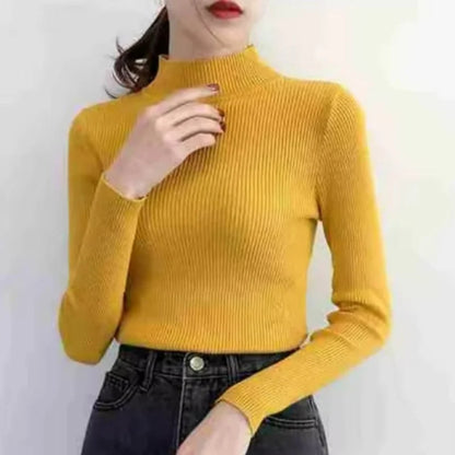 Automne Hiver Mock Neck Women Sweater Vintage Basic Slim Pullover Pulls coréens Pulls simples et chics