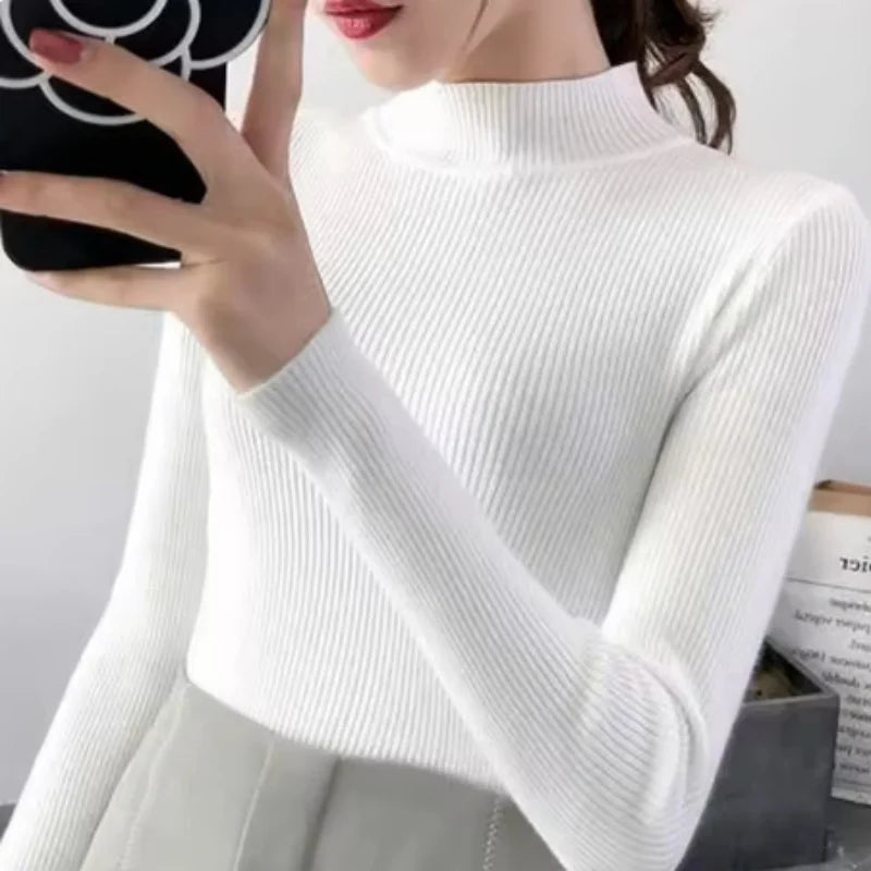 Automne Hiver Mock Neck Women Sweater Vintage Basic Slim Pullover Pulls coréens Pulls simples et chics