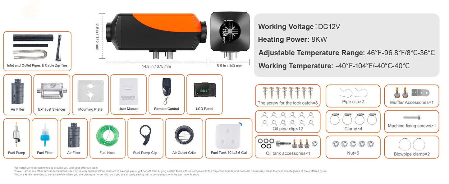 SucceBuy Car Heater 2/5/8KW Diesel Air Heater 12V With Silencer Remote Control Truck Boat Bus Trailer Air Diesel Parking Heater