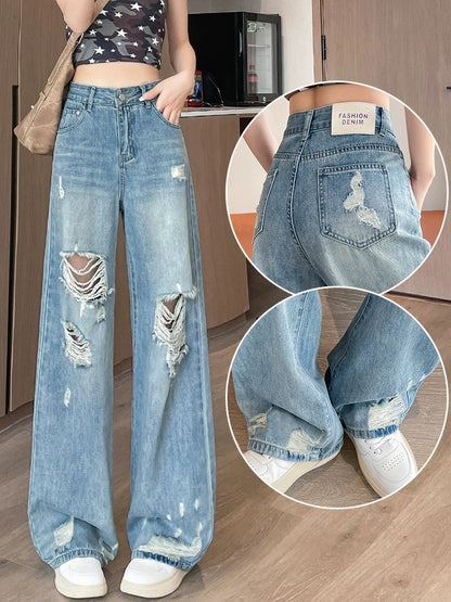 Jeans à trou déchiré pour femmes de style américain, taille haute, décontracté, ample, pantalon en jean à jambes larges, pantalon droit, vêtements de rue pour femmes
