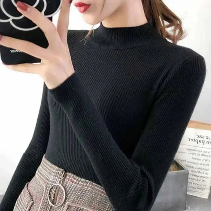 Automne Hiver Mock Neck Women Sweater Vintage Basic Slim Pullover Pulls coréens Pulls simples et chics